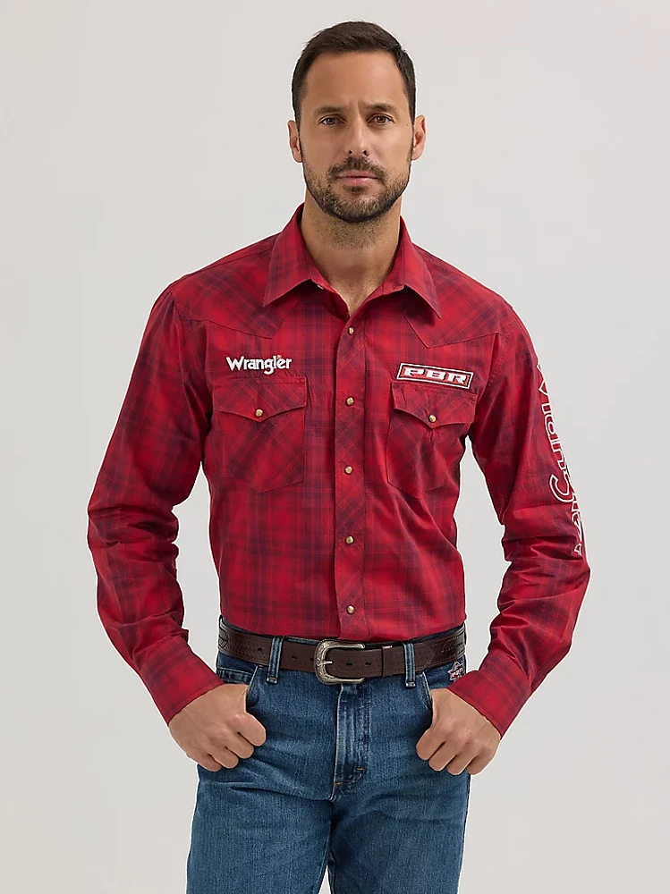 Men's Wrangler® PBR® Logo Long Sleeve Plaid Western Snap Shirt Cherry Red