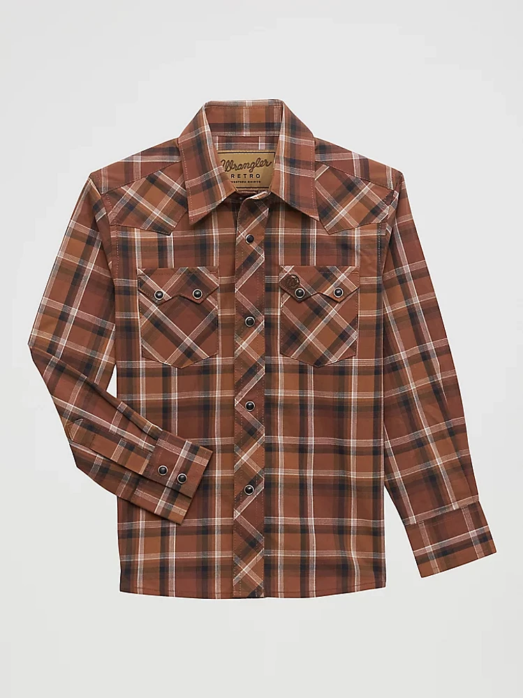 Boy's Wrangler Retro® Western Snap Plaid Shirt with Front Sawtooth Pockets Cocoa Brown