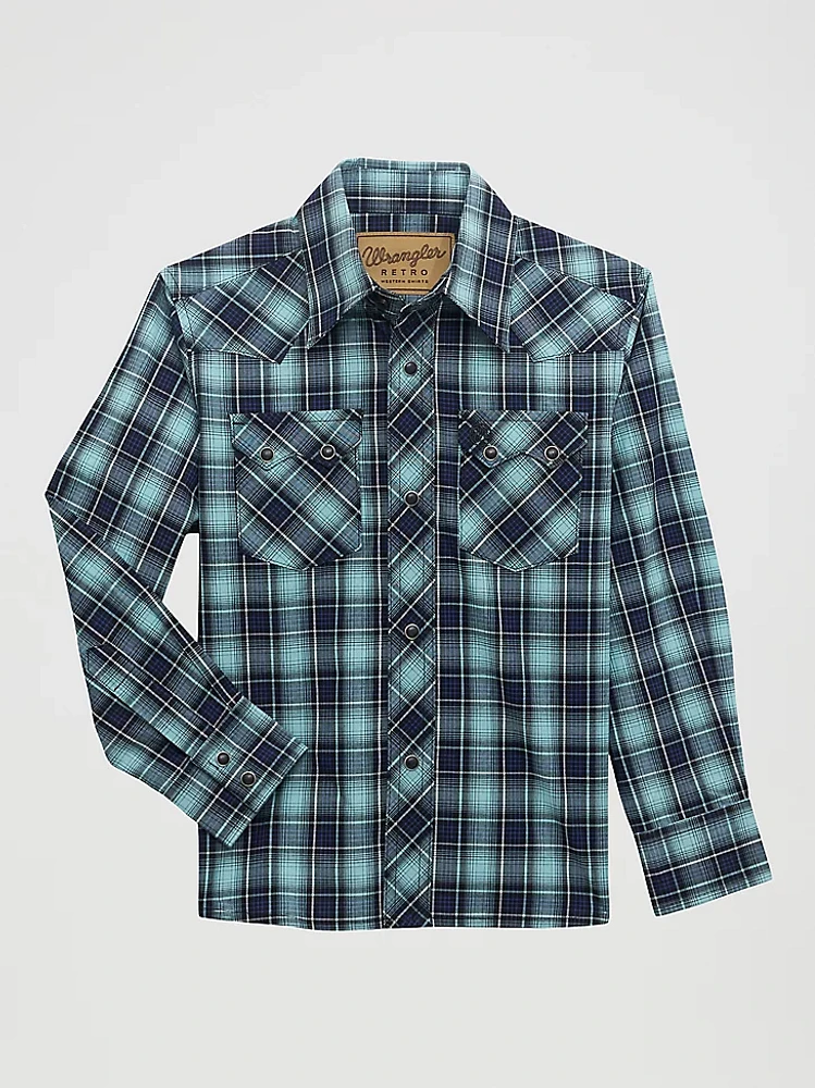 Boy's Wrangler Retro® Western Snap Plaid Shirt with Front Sawtooth Pockets Teal Dream