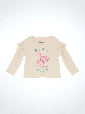 Little Girl's Long Sleeve Ruffle Shoulder Graphic Tee Oatmeal