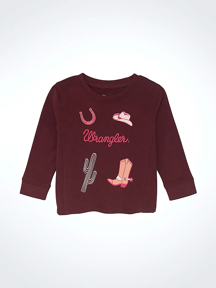 Little Girl's Western Crewneck Sweatshirt Burgundy