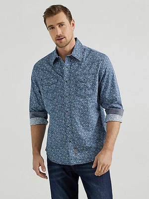 Men's Wrangler® Retro® Premium Long Sleeve Western Snap Printed Shirt Simply Navy