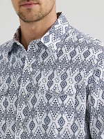 Men's Wrangler® Retro® Premium Long Sleeve Western Snap Printed Shirt Navy Diamonds