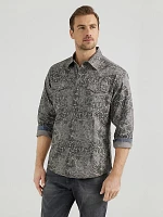 Men's Wrangler® Retro® Premium Long Sleeve Western Snap Printed Shirt Damask Gray