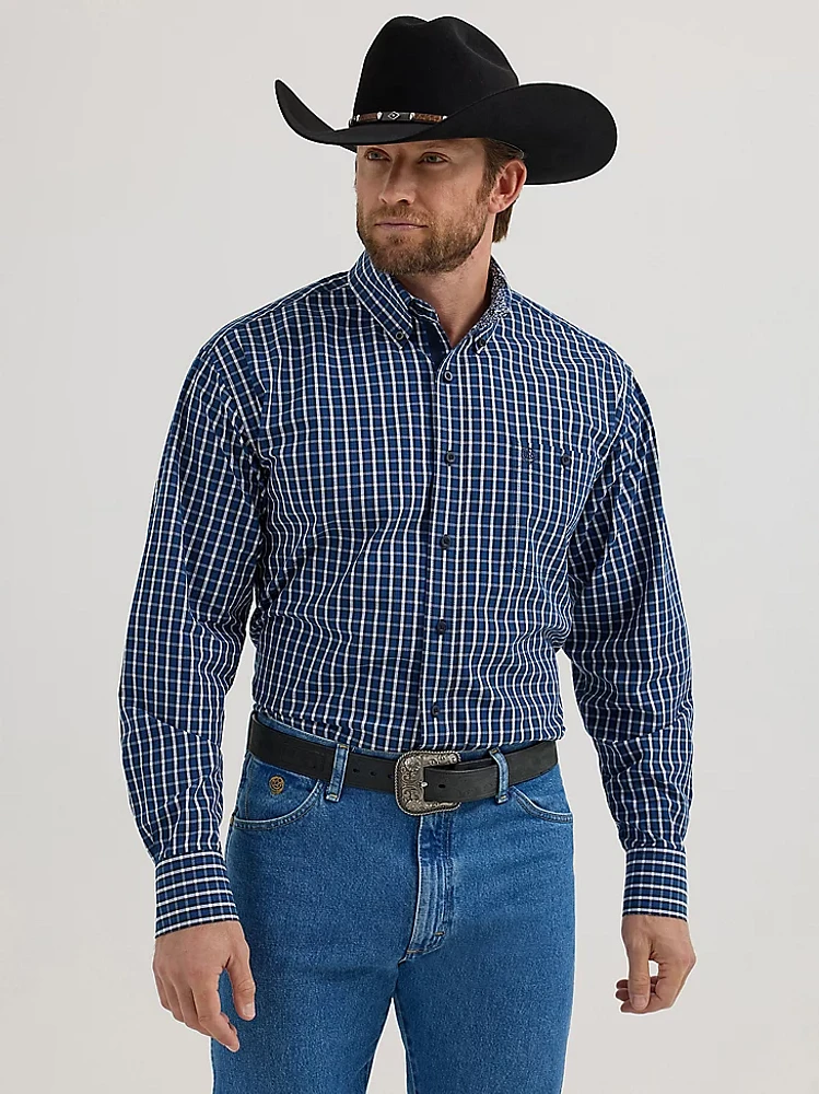 Wrangler® George Strait™ Long Sleeve Button Down One Pocket Shirt Deep Sea Plaid