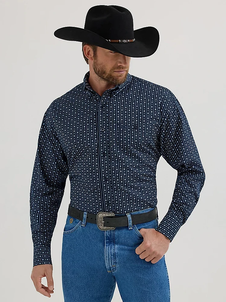 Wrangler® George Strait™ Long Sleeve Button Down One Pocket Shirt Navy Arrowhead