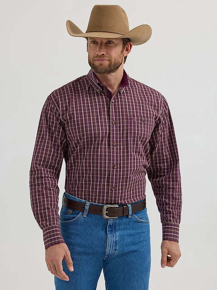 Wrangler® George Strait™ Long Sleeve Button Down One Pocket Shirt Wine Plaid