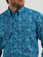 Wrangler® George Strait™ Long Sleeve Button Down One Pocket Shirt Teal Bold Paisley