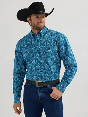 Wrangler® George Strait™ Long Sleeve Button Down One Pocket Shirt Teal Bold Paisley