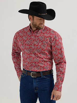 Wrangler® George Strait™ Long Sleeve Button Down Two Pocket Shirt Holly Red Paisley