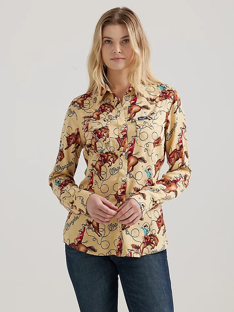 Women's Saddle Up Slim Western Snap Shirt Tan