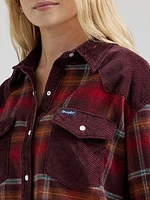 Women's Wrangler Corduroy Flannel Contrast Western Snap Shirt Red Plaid