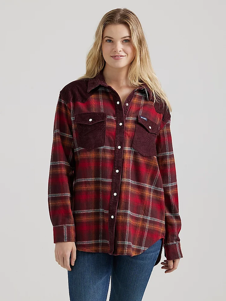 Women's Wrangler Corduroy Flannel Contrast Western Snap Shirt Red Plaid