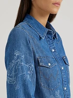 Women's Wrangler Lasered Icons Cowboy Snap Shirt Medium Wash