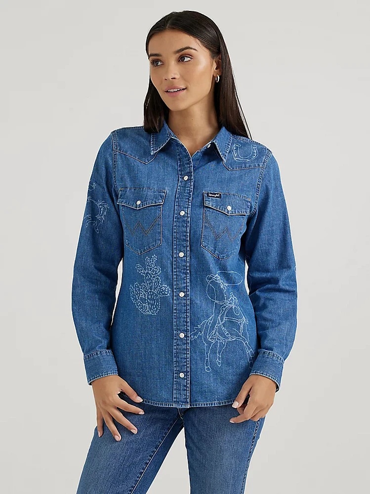 Women's Wrangler Lasered Icons Cowboy Snap Shirt Medium Wash