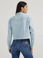 Women's Wrangler Cut-Off Denim Boyfriend Snap Shirt Light Wash