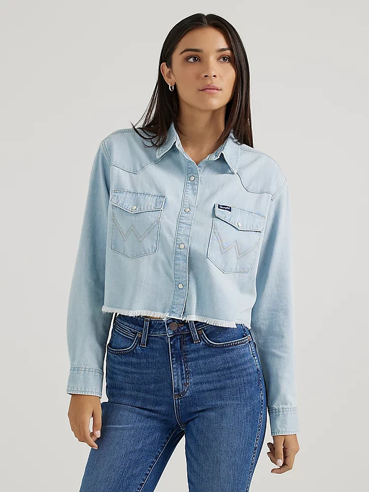 Women's Wrangler Cut-Off Denim Boyfriend Snap Shirt Light Wash