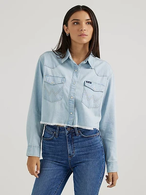 Women's Wrangler Cut-Off Denim Boyfriend Snap Shirt Light Wash