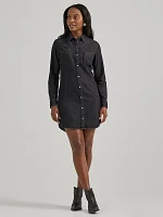 Women's Scallop Yoke Denim Western Snap Shirt Dress Black