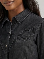 Women's Scallop Yoke Denim Western Snap Shirt Dress Black