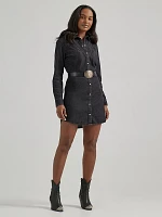 Women's Scallop Yoke Denim Western Snap Shirt Dress Black