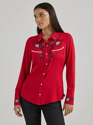 Women's Wrangler Embroidered Western Yoke Shirt Siren Red