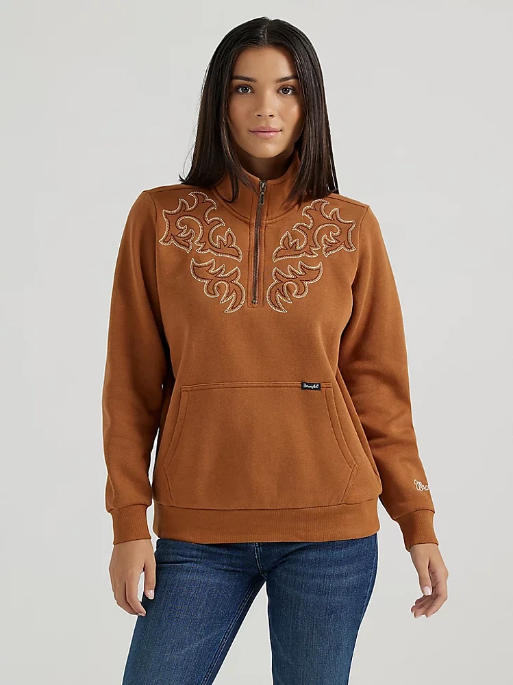 Women's Wrangler Western Stitch Yoke Quarter Zip Sweatshirt Brown