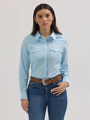 Women's Wrangler Western Button Down Shirt Cool Blue