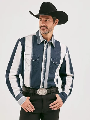 Vintage-Inspired Brushpopper Western Snap Workshirt Navy Stripe