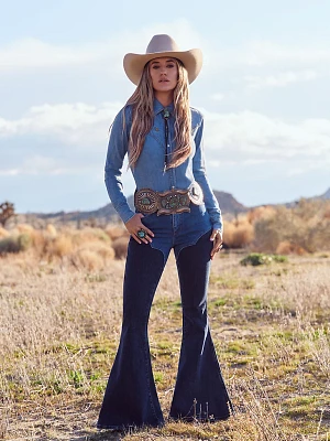 Wrangler x Lainey Wilson Western Chap Bell Bottoms Tonal Blue