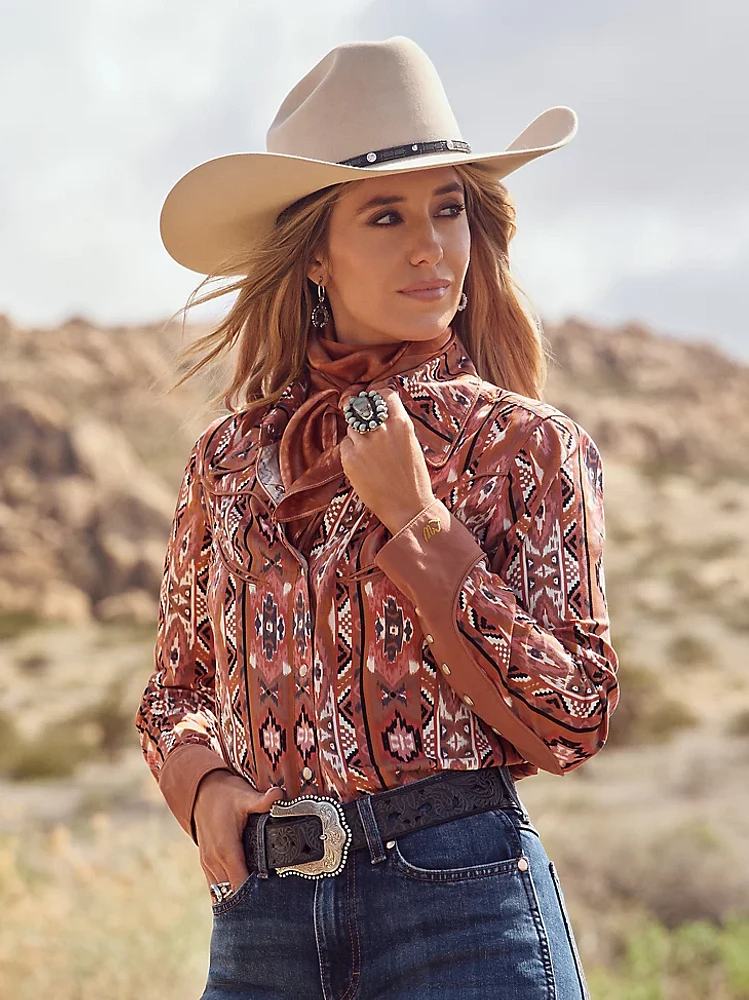 Wrangler x Lainey Wilson Chestnut Checotah Western Snap Shirt Brown