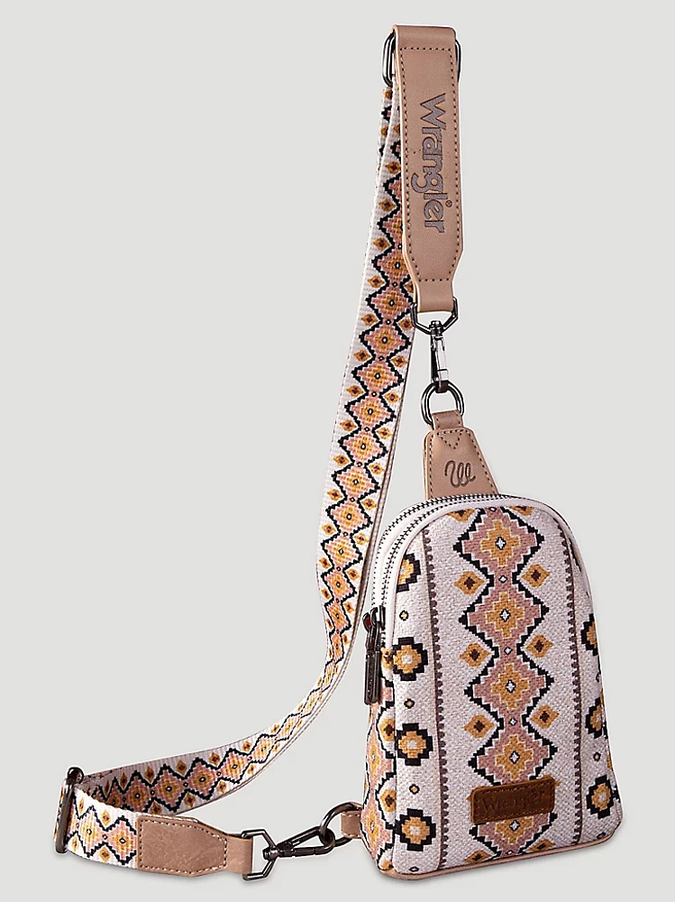 Southwestern Print Canvas Sling Bag in Brown/Tan