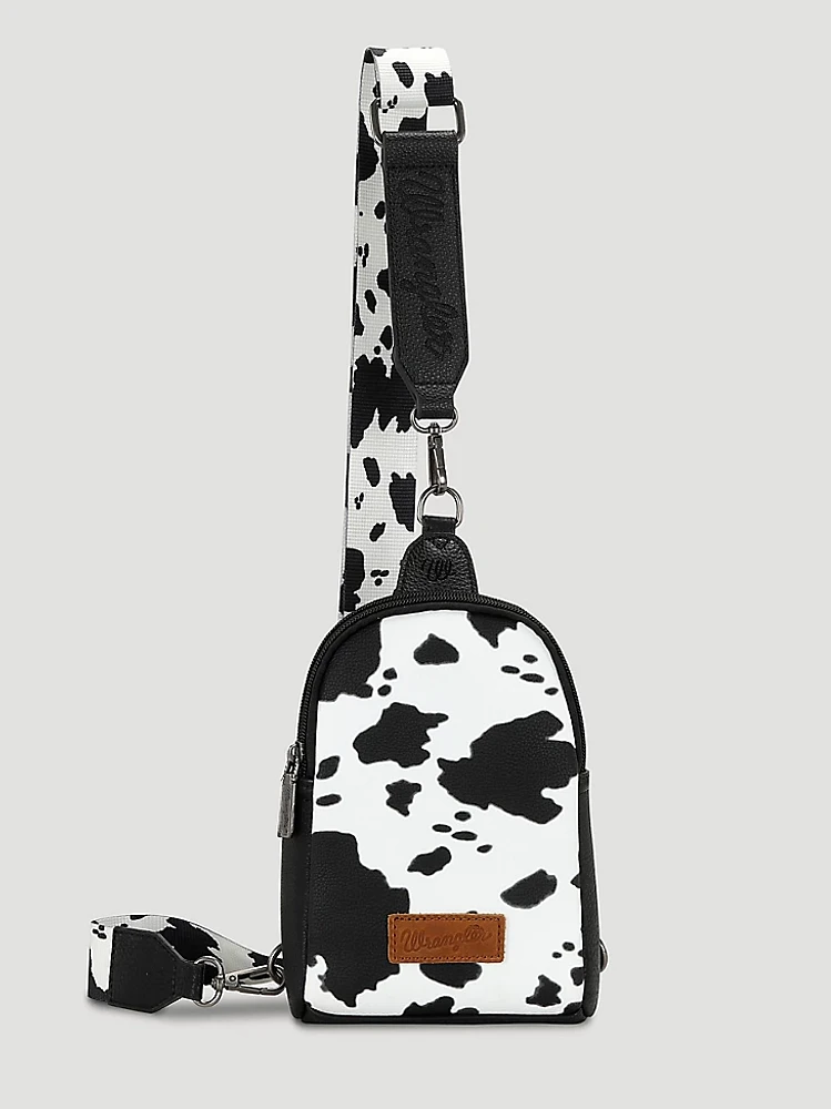 Cow Print Canvas Sling Bag:Black/White:One Size: