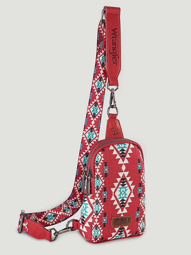 Southwestern Print Canvas Sling Bag in Barn Red