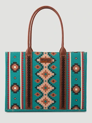 Southwestern Print Canvas Wide Tote in Turquoise