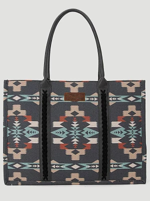 Southwestern Print Canvas Wide Tote in Light Grey