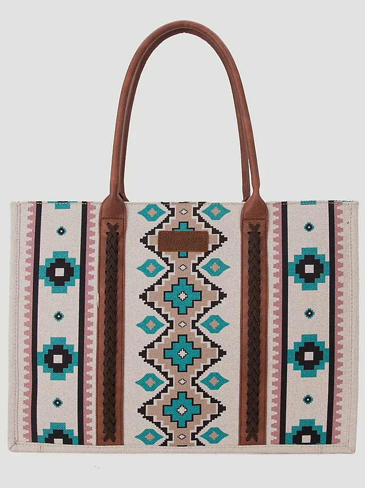 Southwestern Print Canvas Wide Tote in Turquoise