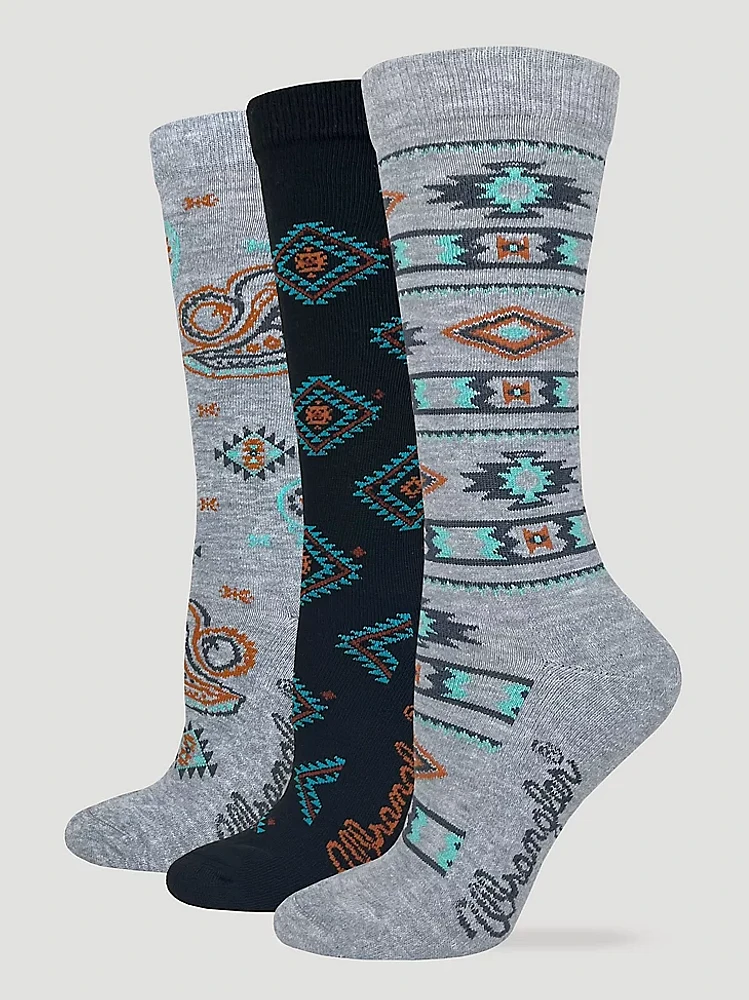 Women's Southwest Print Crew Socks (3-Pack) in Grey