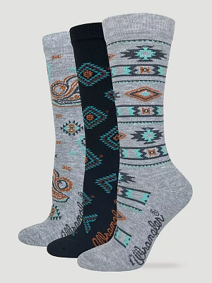 Women's Southwest Print Crew Socks (3-Pack) in Grey