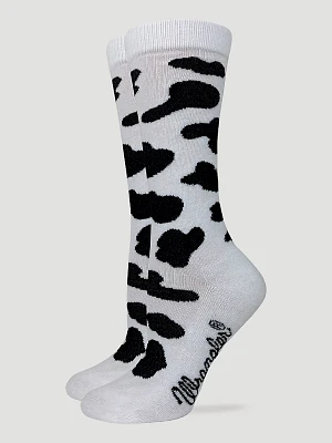 Womens Cow Print Crew Sock:White/Black:One Size