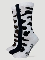 Women's Cow Print Crew Sock 3-Pack:White/Black:One Size