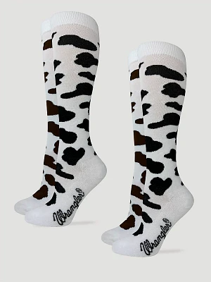 Women's Cow Print Boot Sock 2-Pack:White/Black:One Size