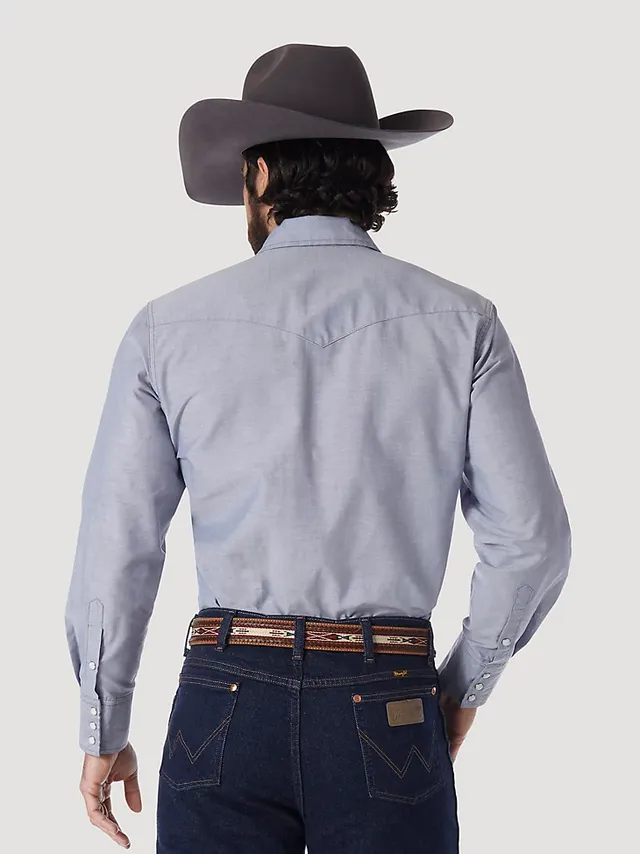 Wrangler Cowboy Cut® Firm Finish Long Sleeve Western Snap Solid Work Shirt  Chambray Blue