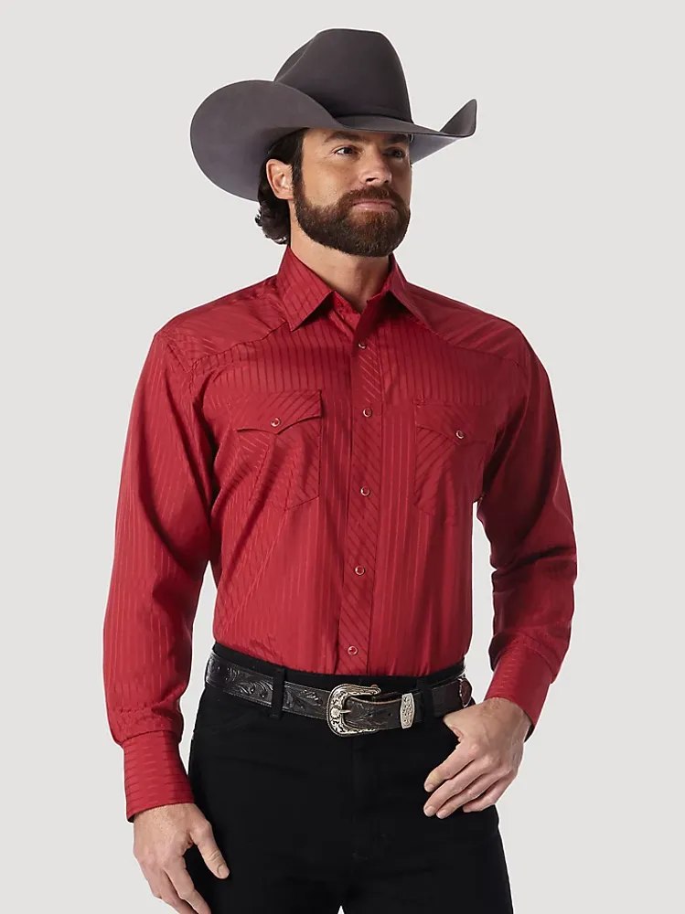 Wrangler® Western Long Sleeve Snap Dobby Stripe Shirt Wine