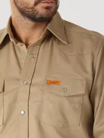 Wrangler® FR Flame Resistant Long Sleeve Western Snap Solid Twill Work Shirt Khaki