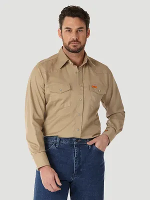 Wrangler® FR Flame Resistant Long Sleeve Western Snap Solid Twill Work Shirt Khaki
