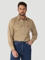 Wrangler® FR Flame Resistant Long Sleeve Western Snap Solid Twill Work Shirt Khaki