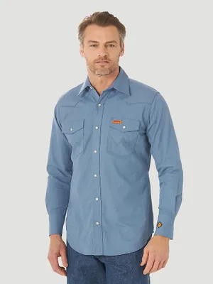 Men's Wrangler® FR Flame Resistant Long Sleeve Western Snap Solid Shirt Blue