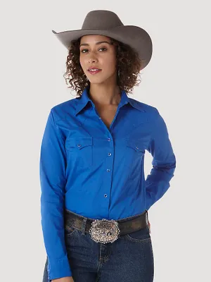 Wrangler® Long Sleeve One Point Front and Back Yokes Solid Top Royal