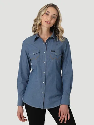 Women's Long Sleeve Western Snap with Front and Back Yokes Solid Top Chambray